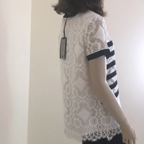 Karl Lagerfeld Size S Top, White Lace Navy Stripe - Picture 6 of 7